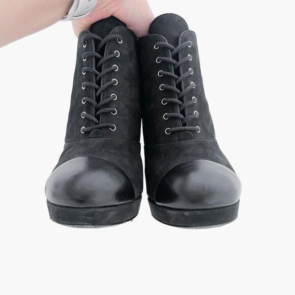 Chanel Lace Up CC Booties EU 38.5 US 7.5-8 Black Cap Toe High Heel Ankle Boot - Picture 5 of 15